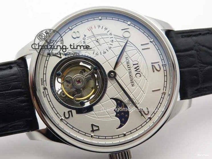 MIROTIME 0518 UrbanStyle Portuguese Tourbillon Power Reserve Moonphase SS White Dial On Black Leather Strap 7318